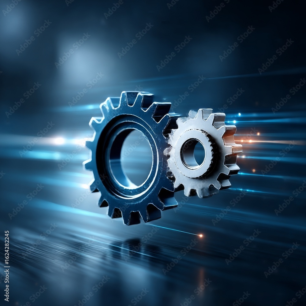 Poster gears in motion with light trails symbolizing connectivity, innovation and technological advancement