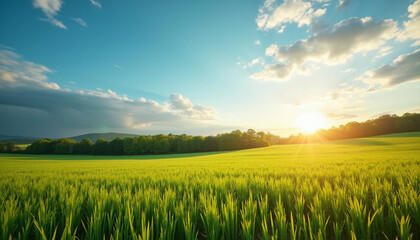  Expansive Green Grassland and a Line of Trees Under a Sunset Sky, Showcasing Vibrant Natural Pastoral Scenery.