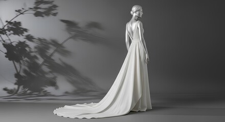 Elegant mannequin in a minimalist open-back wedding dress with a long train.