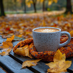 Cup of coffee on bench among fall leaves.