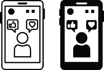 Smartphone Icons. Black and White Vector Illustration. Touchscreen Mobile Phone, Gadget, Technology. Man in Phone, Like, Wi-Fi, and Battery Showing Charge Level. Device Concept
