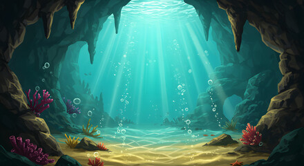 A beautifully illustrated underwater cave scene in a vertical layout