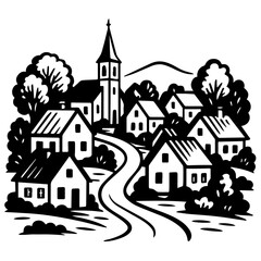 Black and White Vector Illustration of a Peaceful Rural Village with Church, Houses, Trees, and Mountain