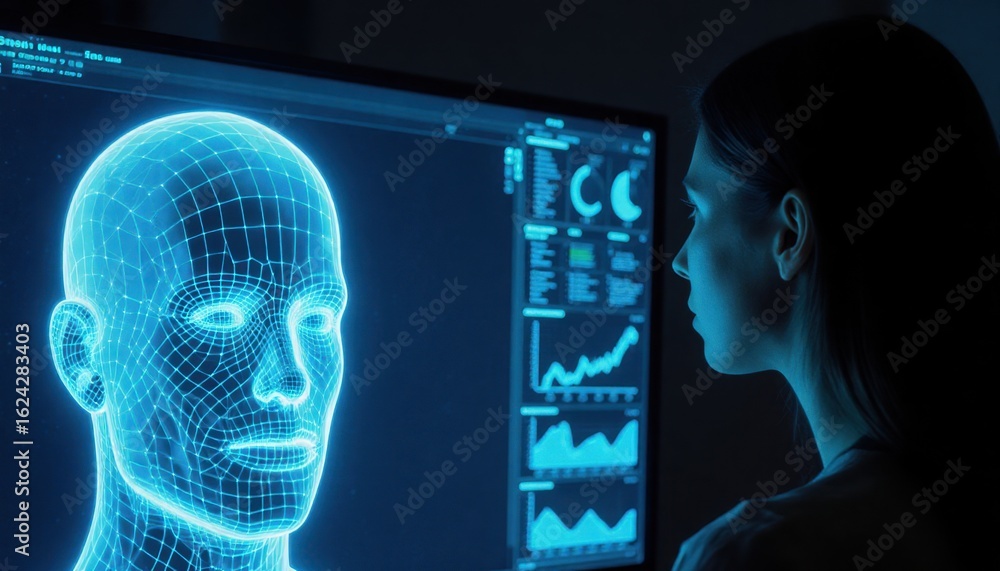 Fototapete analyzing 3d human models digital workspace visual data interface indoor environment user perspectiv