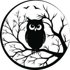 Fototapeta premium Owl Silhouette with Bats on Tree Branch in Circle Design