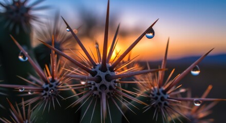 Close-Up of Spiky Cactus with Water Droplets Against Vibrant Sunset Background in Desert Landscape