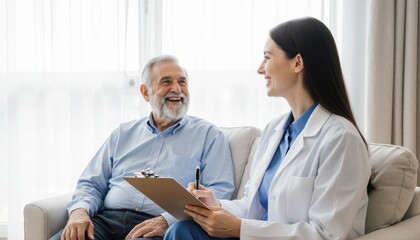 Patient consultation with healthcare professional home setting medical interaction warm environment friendly viewpoint