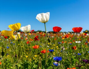 Obraz premium Vibrant field of colorful wildflowers, including red, yellow, and white poppies, under a clear blue sky. A beautiful summer landscape celebrating nature's beauty.