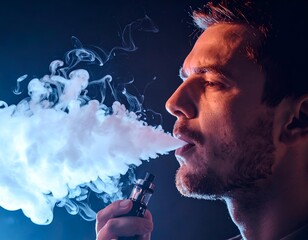 Young man exhaling dense vapor from an e-cigarette in dark, dramatic lighting. Focus on face, device, and vapor cloud.