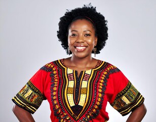Smiling young African woman in traditional Dashiki. Confident and joyful portrait on a light background, celebrating cultural heritage and natural beauty.
Name Smiling African Woman in Red Dashiki.