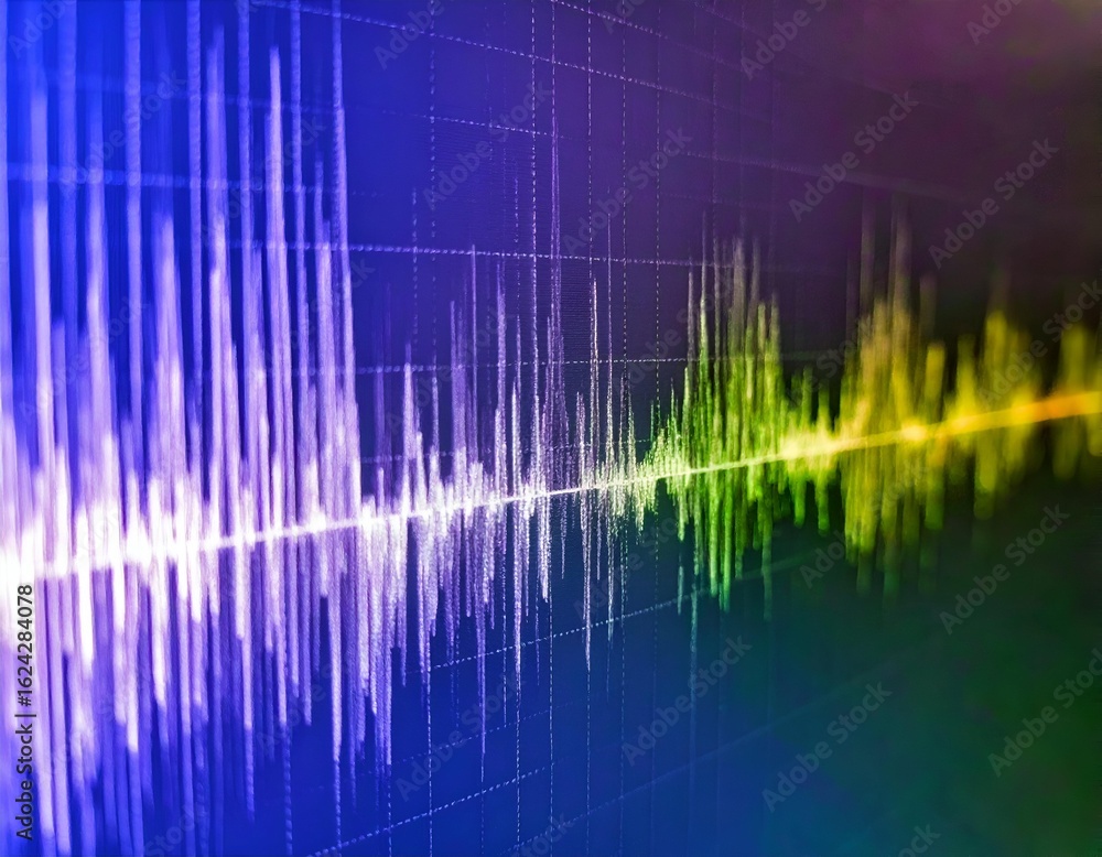Poster vibrant digital sound wave spectrum with a dynamic gradient on a grid background, representing audio