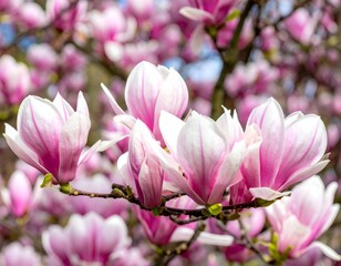 Obraz premium Close-up of stunning pink and white magnolia flowers in full bloom on a branch, showcasing spring beauty and delicate petals.