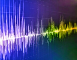 Vibrant digital sound wave spectrum with a dynamic gradient on a grid background, representing audio data and technological concepts.