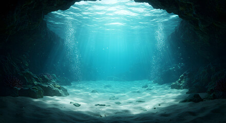 underwater scene of a sunlit ocean cave