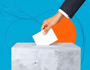 Hand in suit placing ballot into a concrete box. Bright abstract background. Concepts of election, democracy, choice, and civic duty.