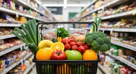 Grocery cart filled with fresh produce
