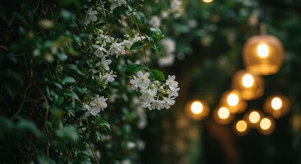 Delicate White Flowers Surrounded by Glowing String Lights in a Serene Garden Setting at Night