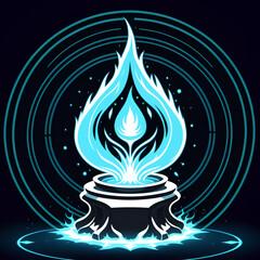 Mystical glowing blue flame erupting from ornate cauldron within concentric circles on dark background