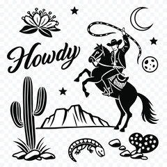 Black and White Western Icon Set with Cowboy Cactus Howdy and Desert Elements for Creative Projects