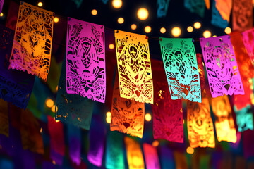 Vibrant papel picado banners illuminated by festive lights