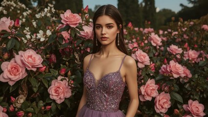 Elegant Young Woman Adorned in a Shimmering Lavender Gown Amidst a Romantic Rose Garden