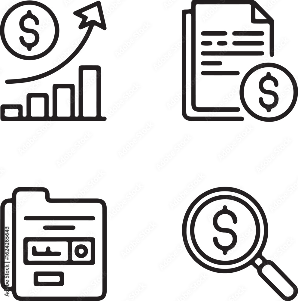 Poster a collection of financial and business icons in a clean modern line art style representing concepts 