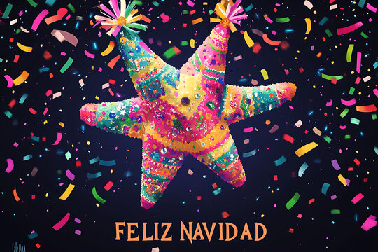Colorful star pi ata with falling confetti and feliz navidad greeting
