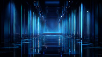 3D render of futuristic tunnel interior with glowing blue neon lights, ultraviolet illuminated corridor, empty fashion podium or nightclub stage, ideal for abstract, technology modern design concepts