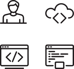 Clean line art icons representing user profile cloud computing coding interface and software development on a white background ideal for tech and digital concepts