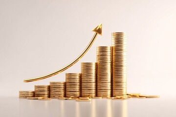 Golden coins stacked with a golden arrow pointing upwards show growth.