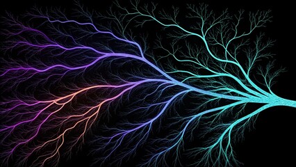 Abstract Wave Line Network
A black background features flowing, interweaving colored lines (starting in purple, transitioning to blue and cyan) that spread and branch out at the right. 