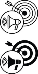 Advertisement Icons. Black and White Vector Illustrations. Megaphone and Target with Arrow. Communication to Attract the Attention of the Target Audience to the Promotion Object. Influencer Concept
