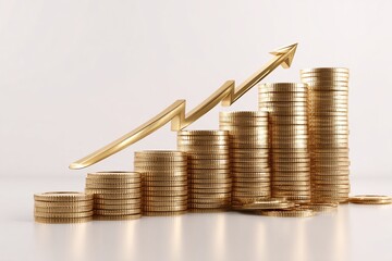 Golden arrow points upward over stacks of coins, showing financial growth.