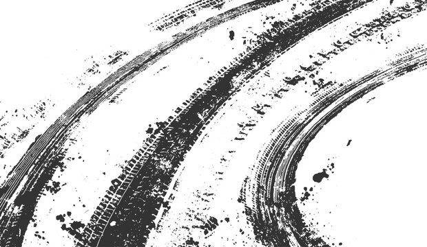 Curved Grunge Tire Track Marks with Splatter Effect dust vector design Grunge Tire Track Print Illustration on White Background