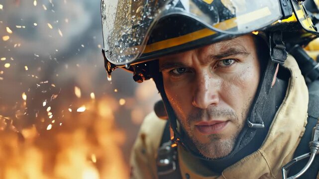 Close up portrait of firefighter in helmet with serious expression. Hero, bravery and emergency service profession concept for banner. Vertical banner