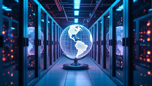 Glowing Digital Earth Floating Amidst Data Center Server Racks, Symbolizing Global Data Connectivity and High-Tech Networks.