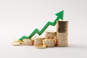 Gold coins stack with green arrow show financial growth and investment.