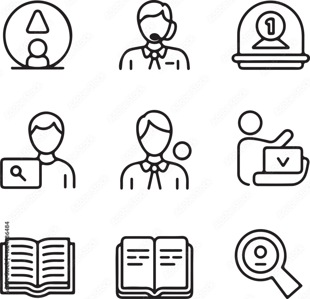 Poster collection of simple line art icons representing customer service support and information access inc