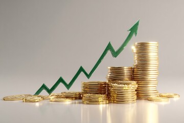 Stacks of gold coins with a green arrow showing financial growth concept.