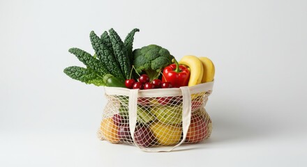 Colorful fruits and vegetables in mesh bag