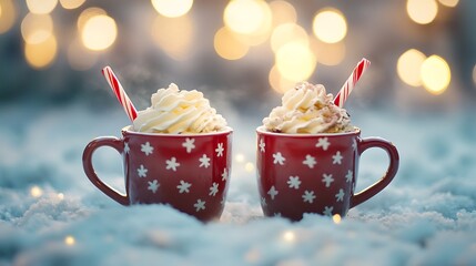 Two cups of hot chocolate with whipped cream for the christmas