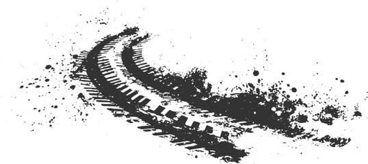Curved Grunge Tire Track with Splatter Dust Vector Design on White Background © Vector point