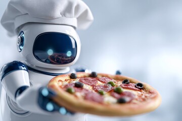Robot chef presents a delicious pepperoni pizza with olives and cheese.