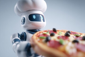 Robot chef presents a delicious pepperoni pizza with olives and basil