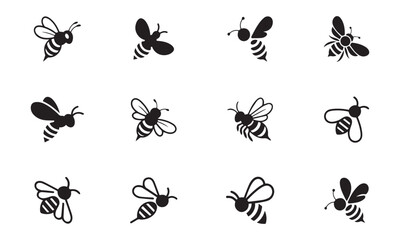 Set of flying bee silhouette icons, different style logo collection, vector illustration

