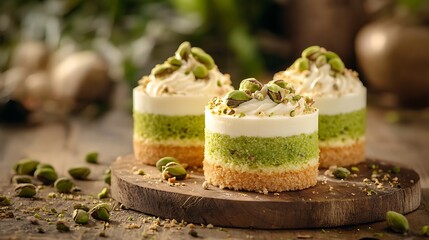 Two delicious cakes and pistachio covered with cream