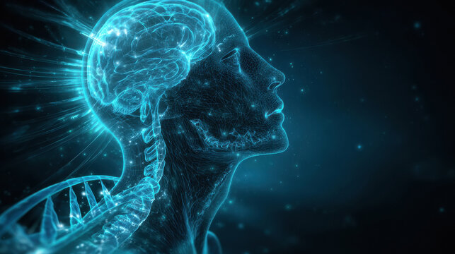 futuristic blue neon illustration of a human head in profile, glowing brain with electric neural connections, brainwaves and DNA helix - Powered by Adobe