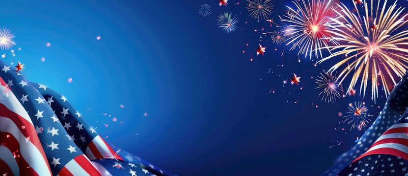 June 4th USA Independence Day - background with fireworks for design. festive 4th of july background. Full with fireworks and USA flag. Independence Day (United States) Memorial day