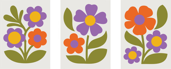 Framed Floral Triptych Wall Art Featuring Purple, Orange, and Yellow Retro Flower Designs