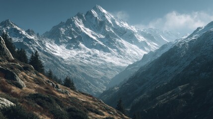 Majestic Snow-Capped Mountain Peaks in a Serene Alpine Valley